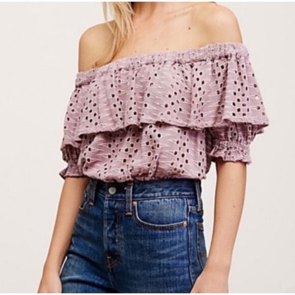 Free People Tops - Free People That Girl Eyelet Off The Shoulder Ruffle Crop Top Size XS purple